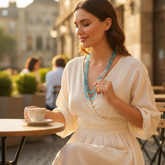Vintage double‑strand aqua blue AB crystal necklace with faceted beads and a silver‑tone pavé rhinestone brooch clasp, shown from multiple angles to highlight bead size, sparkle, and clasp detailing.