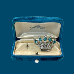 Vintage Aqua Blue & Clear Rhinestones Small Crown Brooch