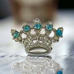 Vintage Aqua Blue & Clear Rhinestones Small Crown Brooch