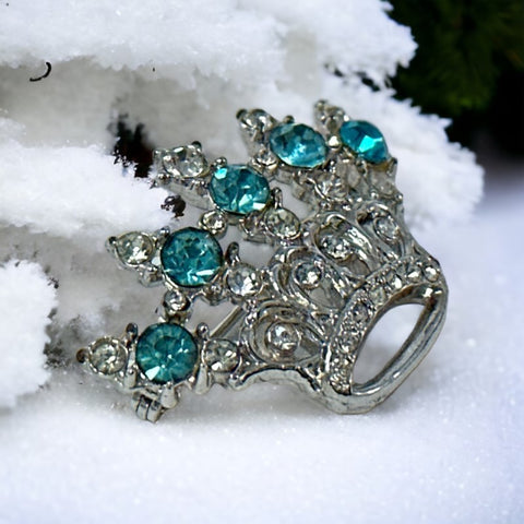 Vintage Aqua Blue & Clear Rhinestones Small Crown Brooch