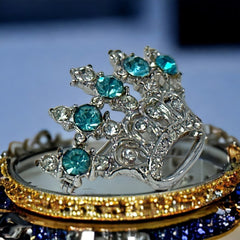 Vintage Aqua Blue & Clear Rhinestones Small Crown Brooch