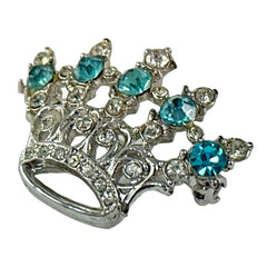 Vintage Aqua Blue & Clear Rhinestones Small Crown Brooch