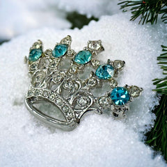 Vintage Aqua Blue & Clear Rhinestones Small Crown Brooch