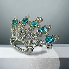 Vintage Aqua Blue & Clear Rhinestones Small Crown Brooch