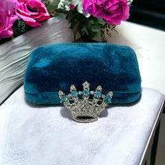 Vintage Aqua Blue & Clear Rhinestones Small Crown Brooch