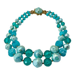 Vintage 1950s Aqua Blue Chunky Beaded Statement Necklace – Radiant Retro Elegance