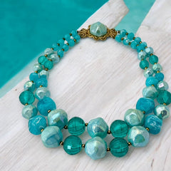 Vintage 1950s Aqua Blue Chunky Beaded Statement Necklace – Radiant Retro Elegance