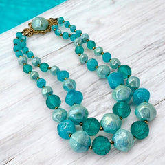 Vintage 1950s Aqua Blue Chunky Beaded Statement Necklace – Radiant Retro Elegance