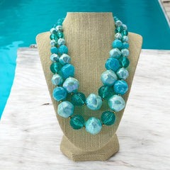 Vintage 1950s Aqua Blue Chunky Beaded Statement Necklace – Radiant Retro Elegance