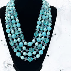 Vintage 1950s West Germany Aqua Blue 4-Strand Beaded Necklace – Summer Perfection