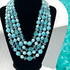 Vintage 1950s West Germany Aqua Blue 4-Strand Beaded Necklace – Summer Perfection