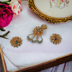 Vintage Aqua Rhinestones Floral Bouquet Brooch & Earrings Jewelry Set