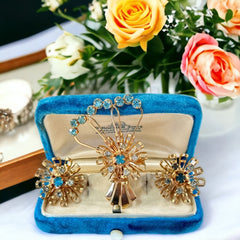 Vintage Aqua Rhinestones Floral Bouquet Brooch & Earrings Jewelry Set