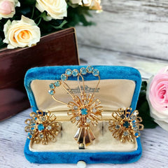 Vintage Aqua Rhinestones Floral Bouquet Brooch & Earrings Jewelry Set