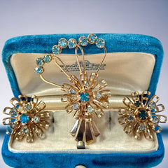 Vintage Aqua Rhinestones Floral Bouquet Brooch & Earrings Jewelry Set