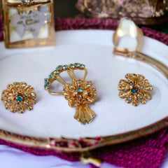 Vintage Aqua Rhinestones Floral Bouquet Brooch & Earrings Jewelry Set