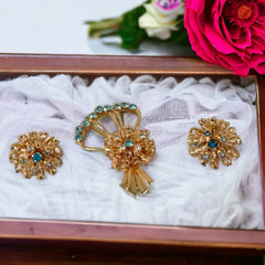 Vintage Aqua Rhinestones Floral Bouquet Brooch & Earrings Jewelry Set