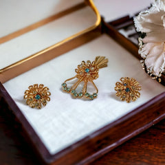 Vintage Aqua Rhinestones Floral Bouquet Brooch & Earrings Jewelry Set