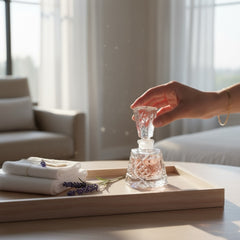 Vintage Czech hand-cut glass perfume bottle with faceted hexagon base and original stopper, shown in varied lighting to highlight its Art Deco silhouette and reflective clarity.