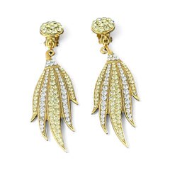Vintage gold-tone clip-on earrings with jonquil and clear rhinestones in a feather-like Art Deco revival design; long dangle silhouette, 1970s style.
