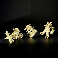 Set of three vintage Asian-themed scatter brooches in white enamel and gold tone, featuring a rickshaw scene, a pagoda, and a man carrying food boxes on a shoulder cane, displayed on a black background.