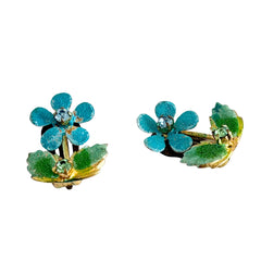 Vintage Austrian blue and green granulated enamel floral clip‑on earrings with rhinestone accents, shown from multiple angles to display their mid‑century design.