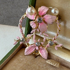 Vintage Austrian pink enamel floral heart brooch with faux pearls and rhinestones on gold‑plated heart frame.