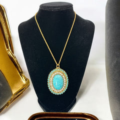 Vintage West Germany Turquoise Glass Rhinestones Faux Pearls Filigree Pendant Necklace