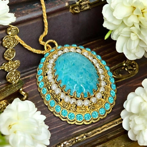 Vintage West Germany Turquoise Glass Rhinestones Faux Pearls Filigree Pendant Necklace