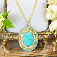 Vintage West Germany Turquoise Glass Rhinestones Faux Pearls Filigree Pendant Necklace