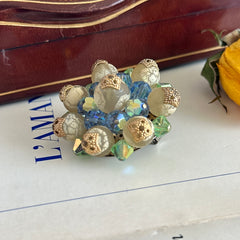 Vintage Austrian Crystal Brooch – AB Light Sapphire, Peridot & Cream Beads – 1950s