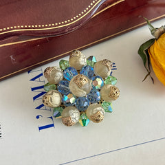 Vintage Austrian Crystal Brooch – AB Light Sapphire, Peridot & Cream Beads – 1950s