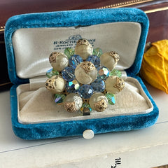 Vintage Austrian Crystal Brooch – AB Light Sapphire, Peridot & Cream Beads – 1950s