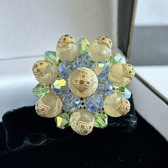 Vintage Austrian Crystal Brooch – AB Light Sapphire, Peridot & Cream Beads – 1950s