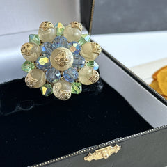 Vintage Austrian Crystal Brooch – AB Light Sapphire, Peridot & Cream Beads – 1950s