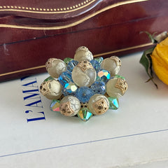 Vintage Austrian Crystal Brooch – AB Light Sapphire, Peridot & Cream Beads – 1950s