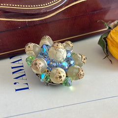 Vintage Austrian Crystal Brooch – AB Light Sapphire, Peridot & Cream Beads – 1950s
