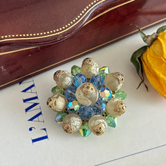 Vintage Austrian Crystal Brooch – AB Light Sapphire, Peridot & Cream Beads – 1950s