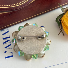 Vintage Austrian Crystal Brooch – AB Light Sapphire, Peridot & Cream Beads – 1950s