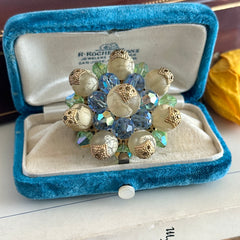 Vintage Austrian Crystal Brooch – AB Light Sapphire, Peridot & Cream Beads – 1950s
