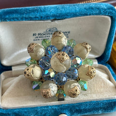 Vintage Austrian Crystal Brooch – AB Light Sapphire, Peridot & Cream Beads – 1950s