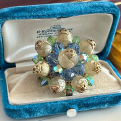 Vintage Austrian Crystal Brooch – AB Light Sapphire, Peridot & Cream Beads – 1950s