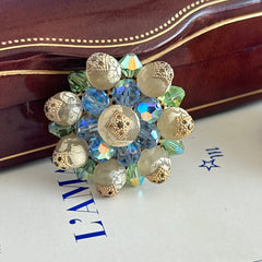Vintage Austrian Crystal Brooch – AB Light Sapphire, Peridot & Cream Beads – 1950s