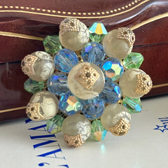 Vintage Austrian Crystal Brooch – AB Light Sapphire, Peridot & Cream Beads – 1950s