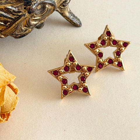 Vintage Avon Red Rhinestone Gold Tone Star Post Earrings – Late 1980s–1990s - Signed