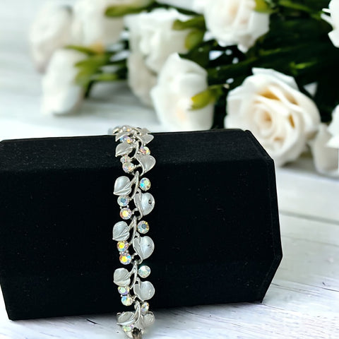 Vintage BSK AB Clear Rhinestones Floral Bracelet - 1960s Silver Tone Matte & Shiny