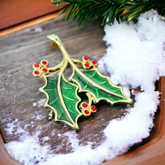 Vintage Beatrix Green Enamel &amp; Red Rhinestones Holly Christmas Brooch