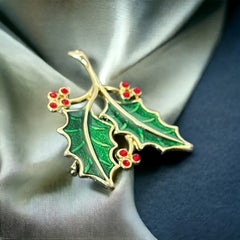 Vintage Beatrix Green Enamel &amp; Red Rhinestones Holly Christmas Brooch