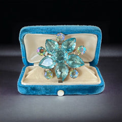 Vintage Aqua Pear Rhinestones Gold Tone Flower Brooch, Beau Jewels Style Brooch