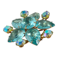 Vintage Aqua Pear Rhinestones Gold Tone Flower Brooch, Beau Jewels Style Brooch